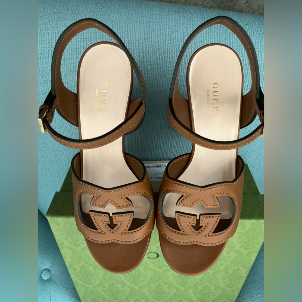 GUCCI Women 36.5 Interlocking GG Cutout Brown Platform Sandals 💯 Authentic - Picture 7 of 14